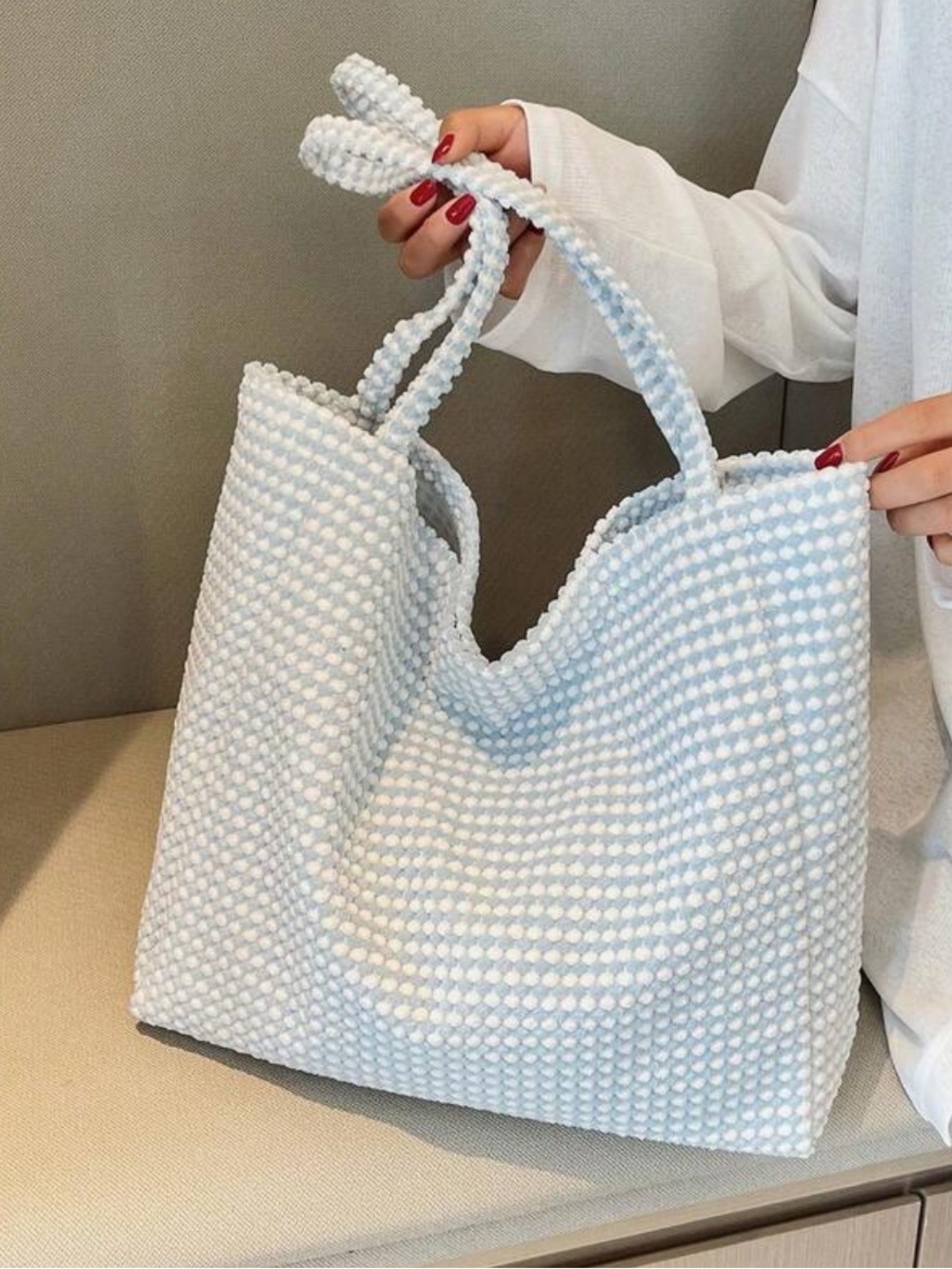 12 SHEIN White Beaded Bubble Tote Bag